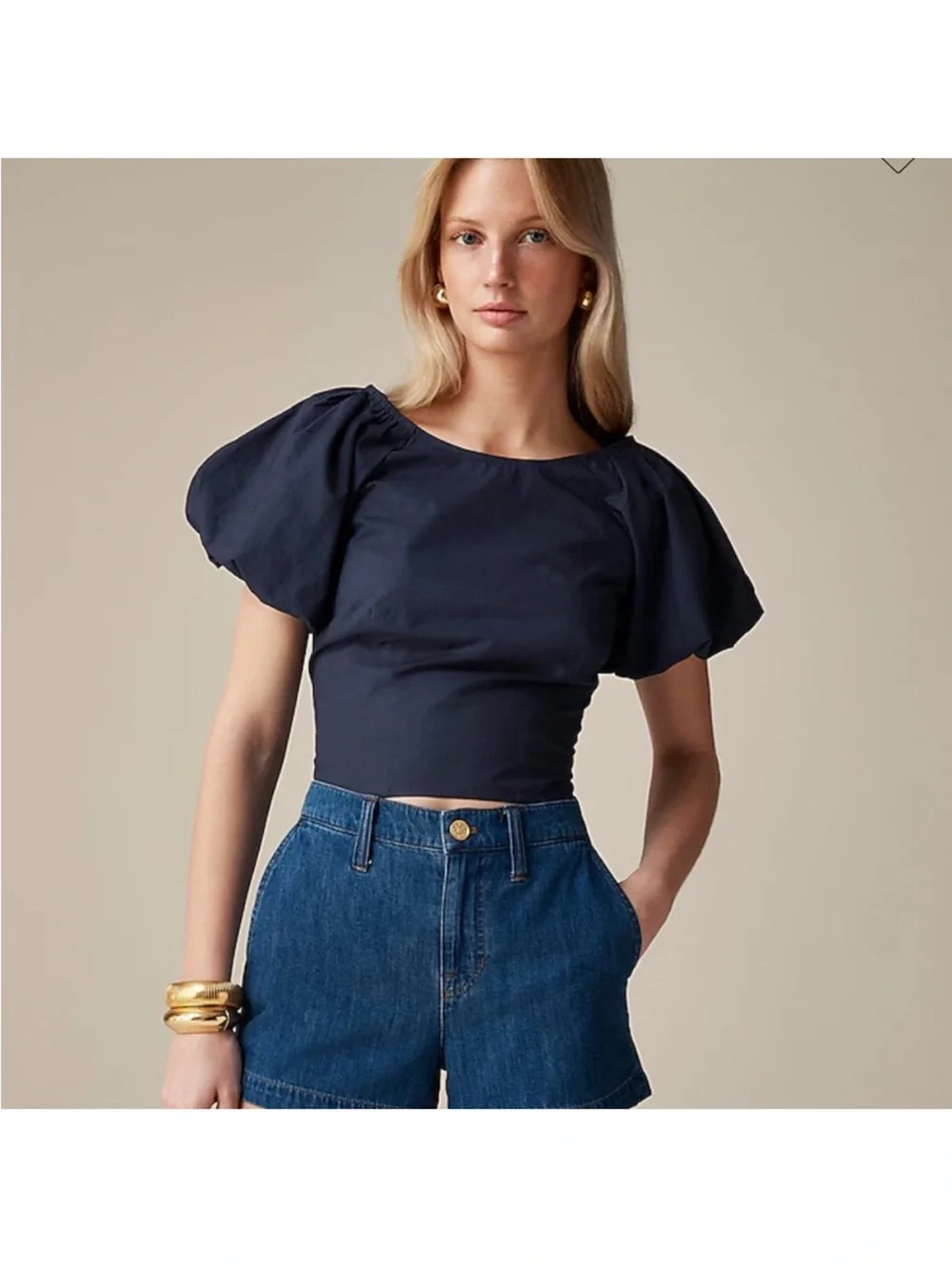 NWT J.Crew Puff-Sleeve Crop Top in Navy size 6